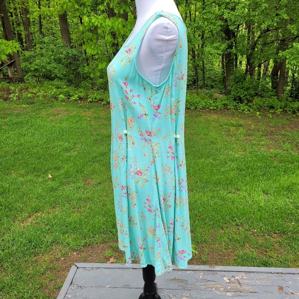 Demure Vintage Eddie Bauer Sleeveless Dusty Turquiose Floral Dress size Large - Picture 2 of 12
